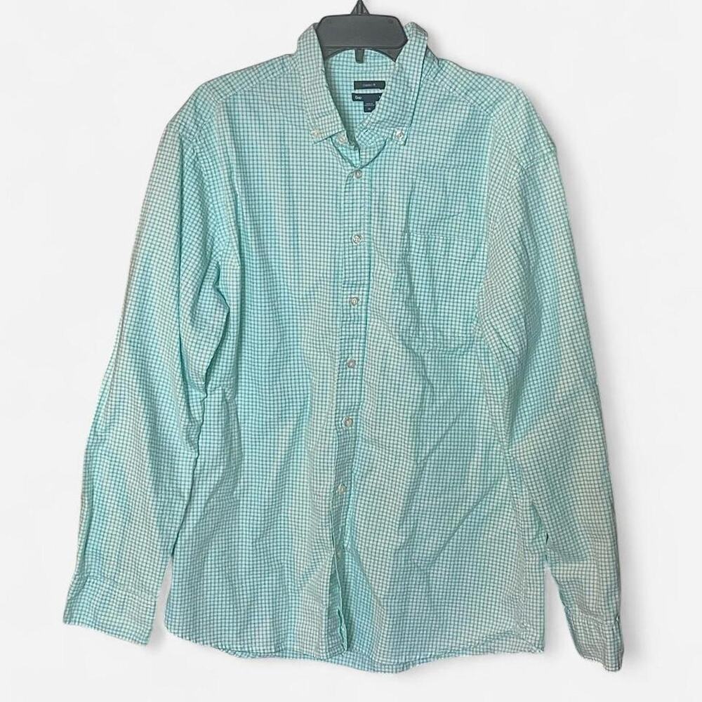 Gap MENS Aqua Blue Plaid Oxford Classic-Fit Chino Shirt – Size XL